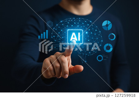 AI generated image of a man touching a glowing AI icon within a digital brain interface surrounded by infographics symbolizing data intelligence and smart interaction 127259918