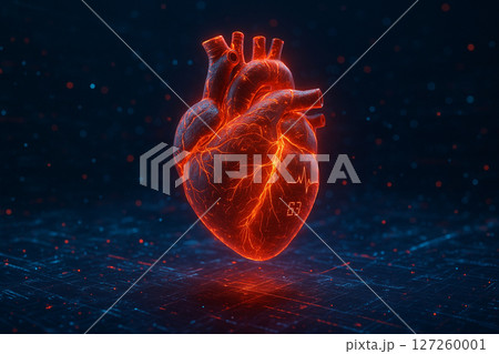 AI generated futuristic glowing heart floats in digital space symbolizing advanced medical data integration and real-time cardiovascular analysis in a sci-fi world 127260001