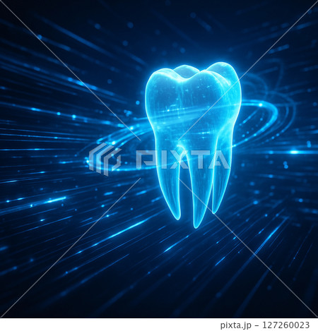 AI generated translucent digital tooth floats in a stream of glowing blue data lines representing futuristic dental diagnostics and real time information flow AI generated translucent digital tooth floats in a stream of glowing blue data lines representing futuristic dental diagnostics and real time information flow 127260023