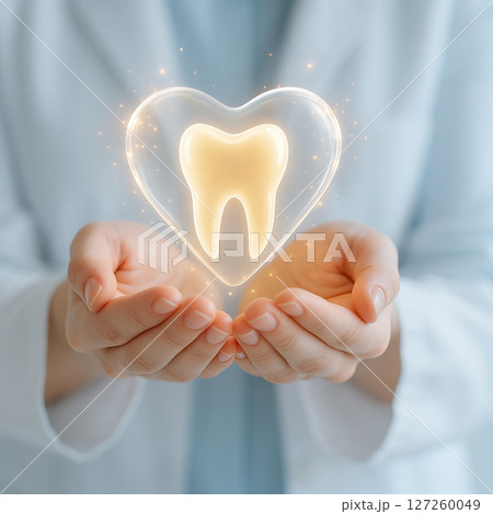 AI generated image of hands gently holding a glowing heart with a golden tooth inside symbolizing compassion precision and commitment in professional dental care 127260049