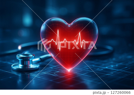 AI generated digital heart model glowing with EKG line symbolizing futuristic healthcare monitoring system with a sci fi medical background AI generated digital heart model glowing with EKG line symbolizing futuristic healthcare monitoring system with a sci fi medical background 127260066