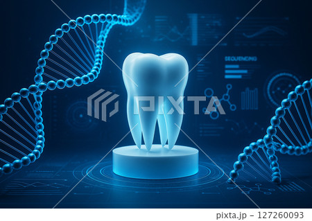 AI generated 3D tooth on glowing platform surrounded by luminous DNA strands data charts and molecular icons representing biotechnology dental innovation and genetic analysis in modern healthcare 127260093
