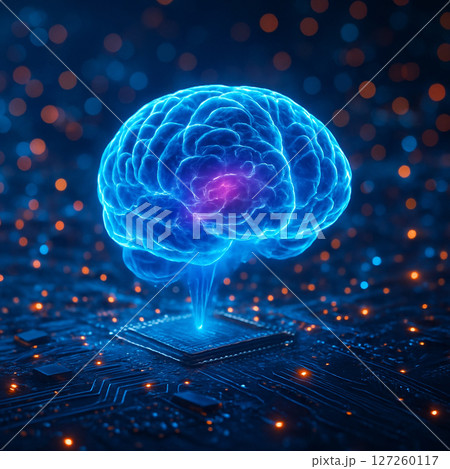 AI generated 3D digital brain hovering above a glowing circuit board representing artificial intelligence data flow and futuristic computing technology 127260117