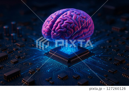 AI generated 3D brain model glowing in pink and violet rests on central processing unit with electric circuits flowing outward symbolizing AI data processing and human-machine synergy 127260126