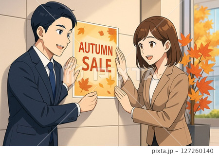 オフィスに秋のポスターを貼る男女社員 127260140