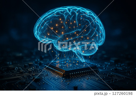 AI generated glowing transparent brain integrated with microchip and circuit board representing artificial intelligence data processing neural energy and futuristic cognitive technology 127260198