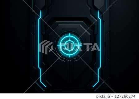 AI generated sci-fi panel featuring a glowing blue energy core in a symmetrical futuristic design symbolizing advanced technology and secure AI systems 127260274