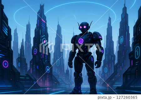 AI generated digital sci-fi cityscape with towering neon buildings advanced robotic figure and glowing data lines in a surreal futuristic world 127260365