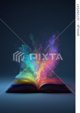 Open book, colorful magic, glowing light, fantasy, creative imagination, dark background Open book, colorful magic, glowing light, fantasy, creative imagination, dark background 127260547