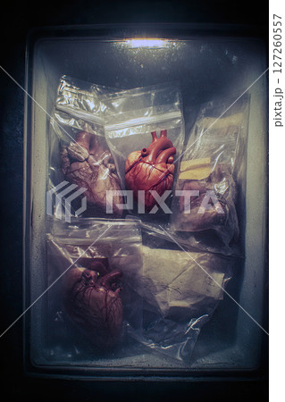 Human organ, heart, medical, preserved, plastic bag, cold storage, dramatic lighting 127260557