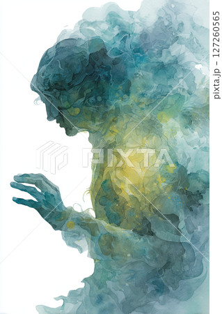 Watercolor, abstract, silhouette, blue, yellow, ethereal figure with soft emotional expression Watercolor, abstract, silhouette, blue, yellow, ethereal figure with soft emotional expression 127260565