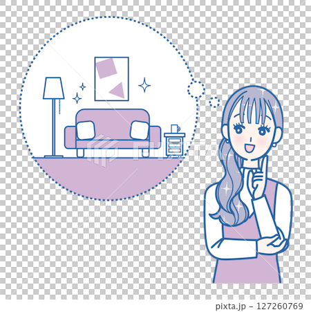 Illustration of a woman imagining a stylish room 127260769