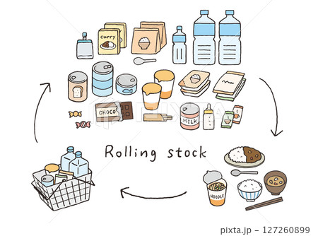 ローリングストック・備蓄食品の手描きイラストセット（人物なし） 127260899