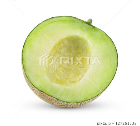 slice of green cantaloupe melon isolated on white background slice of green cantaloupe melon isolated on white background 127261538