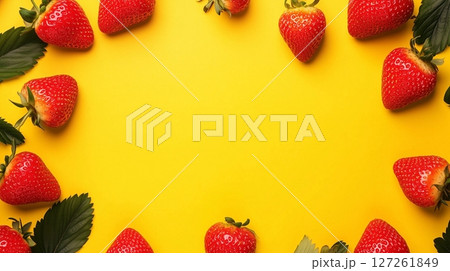 Strawberry fruit fresh organic botanical harvesting real food border frame empty center ywllow background Strawberry fruit fresh organic botanical harvesting real food border frame empty center ywllow background 127261849