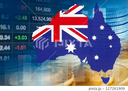 Australia flag with stock market finance, economy trend graph digital technology. Australia flag with stock market finance, economy trend graph digital technology. 127261909
