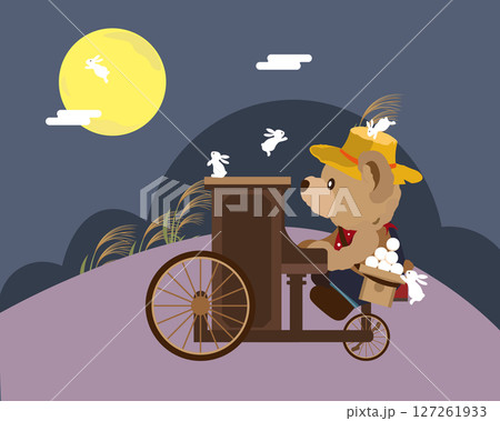 ピアノが付いた自転車に乗りながらお月見をするクマのぬいぐるみのイラスト 127261933