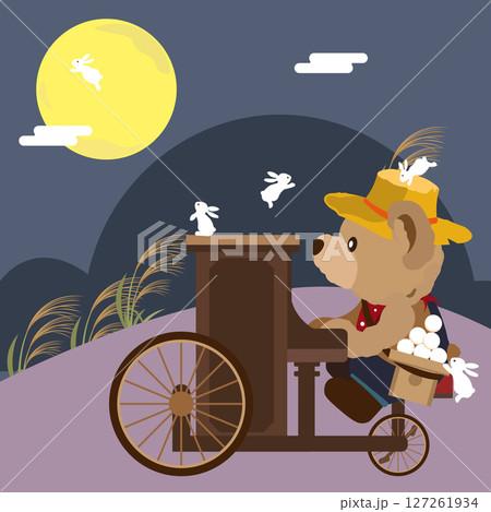 ピアノが付いた自転車に乗って夜、お月見をするクマのぬいぐるみのイラスト ピアノが付いた自転車に乗って夜、お月見をするクマのぬいぐるみのイラスト 127261934