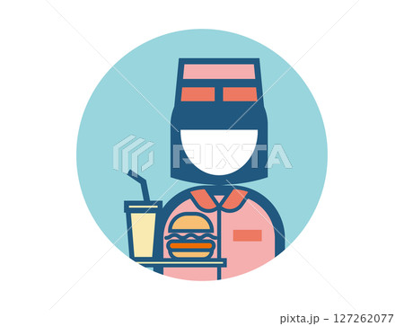ハンバーガーを持ったファストフード店員の丸いシンプルなカラフルカラーイラストアイコン ハンバーガーを持ったファストフード店員の丸いシンプルなカラフルカラーイラストアイコン 127262077