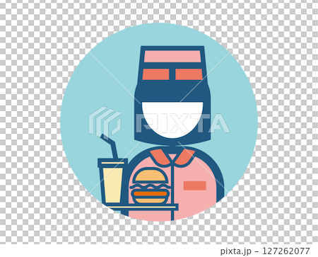 ハンバーガーを持ったファストフード店員の丸いシンプルなカラフルカラーイラストアイコン ハンバーガーを持ったファストフード店員の丸いシンプルなカラフルカラーイラストアイコン 127262077