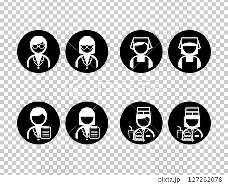 丸いシンプルなモノクロ白抜き職業イラストアイコンセット(白衣・医療従事者・エプロンと三角巾・ファスト 丸いシンプルなモノクロ白抜き職業イラストアイコンセット(白衣・医療従事者・エプロンと三角巾・ファスト 127262078
