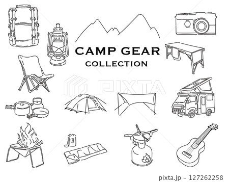 アウトドアのキャンプ道具の線画イラストのセット 127262258