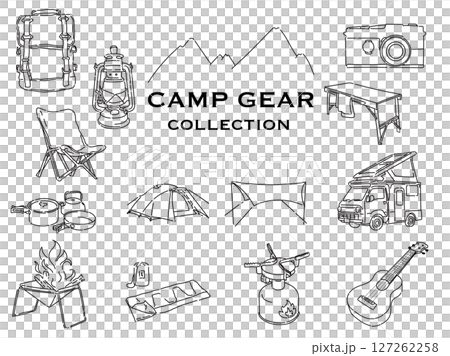 アウトドアのキャンプ道具の線画イラストのセット 127262258