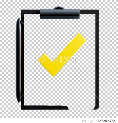 the image shows a clipboard with a sheet of white paper. a bright yellow check mark is centrally placed on the paper, casting a slight shadow 127262372