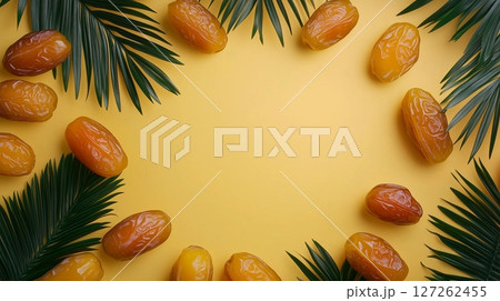 Dates fruit frame and leaves healthy real food snack copy space background 127262455