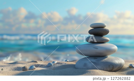 Stability balance grey Zen stone stack on beach rock Stability balance grey Zen stone stack on beach rock 127262882