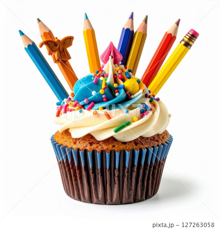 Colorful Cupcake Decorated with Colored Pencils Colorful Cupcake Decorated with Colored Pencils 127263058