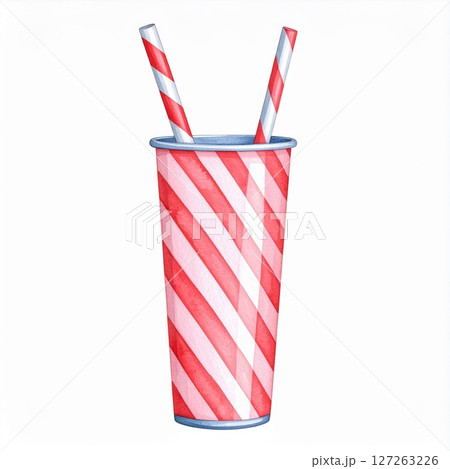 Red And Pink Striped Cup With Straws Watercolor Illustration Red And Pink Striped Cup With Straws Watercolor Illustration 127263226