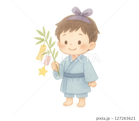 七夕で笹を持つ浴衣の男の子のイラスト 127263621