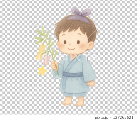 七夕で笹を持つ浴衣の男の子のイラスト 127263621