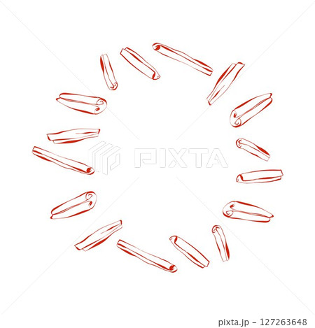 Round frame with red cinnamon sticks on white background for label packaging holiday card or culinary branding Round frame with red cinnamon sticks on white background for label packaging holiday card or culinary branding 127263648