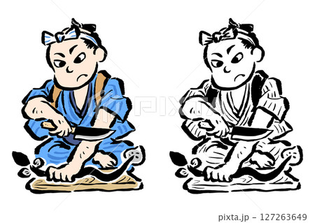 鰻をさばこうと包丁を向ける江戸の男性　カラー・線画セット 127263649