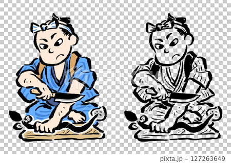 鰻をさばこうと包丁を向ける江戸の男性　カラー・線画セット 127263649