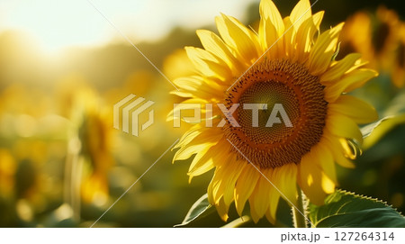 Sunflower yellow petal blossoming botanical garden macro photo blurred background 127264314