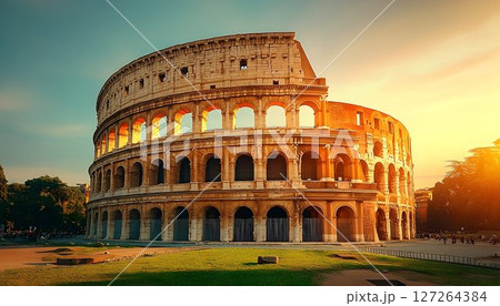 Majestic colosseum bathed in the golden light of sunset in Rome 127264384