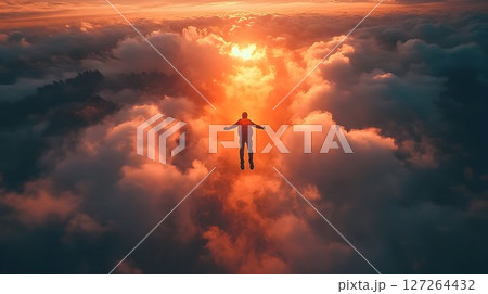 Embracing Serenity, A Solitary Figure Ascending Above a Sea of Clouds 127264432