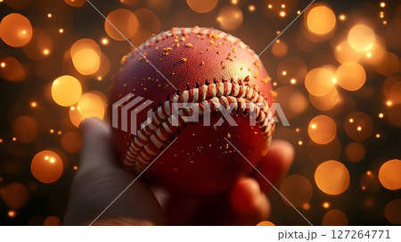 A Glimmering Baseball Captured in a Hand with Bokeh Lights 127264771