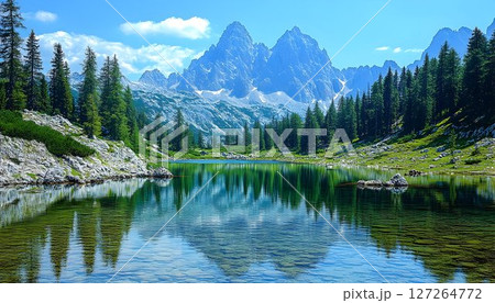 Serene Mountain Landscape with Reflective Waters and Lush Greenery 127264772