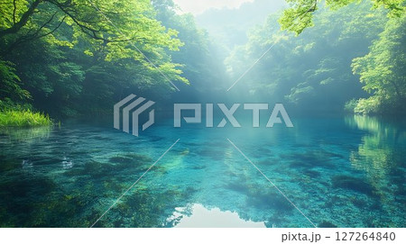 Tranquil Turquoise Lake Surrounded by Lush Green Forest on a Sunny Day Tranquil Turquoise Lake Surrounded by Lush Green Forest on a Sunny Day 127264840