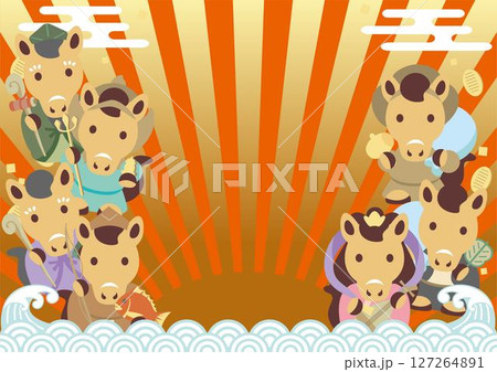 年賀2026　フレーム　干支　七福神　青海波　初日の出　午年　午　馬　かわいい　年賀状　イラスト 127264891
