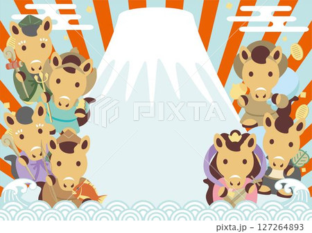 年賀2026　フレーム　干支　七福神　富士山　日の出　午年　午　馬　うま　かわいい　年賀状　イラスト 127264893