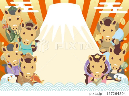 年賀2026　フレーム　干支　七福神　富士山　日の出　午年　午　馬　うま　かわいい　年賀状　イラスト 127264894