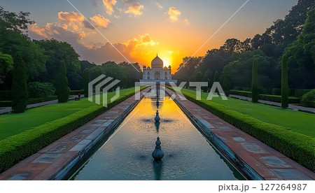 Stunning Sunset Over Iconic Monument Surrounded by Lush Gardens Stunning Sunset Over Iconic Monument Surrounded by Lush Gardens 127264987