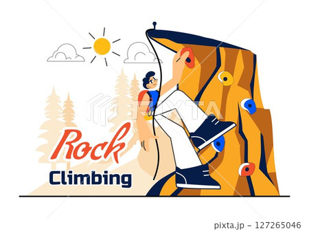 Rock Climbing Vector Illustration Featuring a Climber Ascending a Rock Wall or Mountain Cliffs as Part of Extreme Sports in a Flat Style Background 127265046