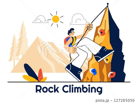 Rock Climbing Vector Illustration Featuring a Climber Ascending a Rock Wall or Mountain Cliffs as Part of Extreme Sports in a Flat Style Background 127265050