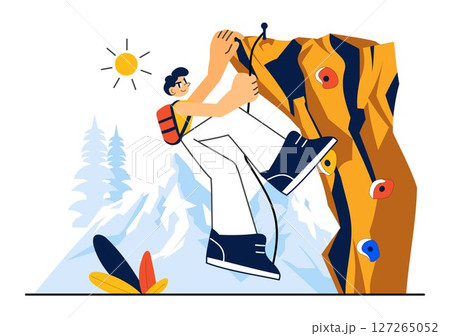 Rock Climbing Vector Illustration Featuring a Climber Ascending a Rock Wall or Mountain Cliffs as Part of Extreme Sports in a Flat Style Background 127265052